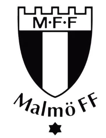 Svartvitt emblem med en sköld med texten M·F·F överst och en vit vertikal rand i mitten, med texten Malmö FF under skölden och en stjärna nedanför.