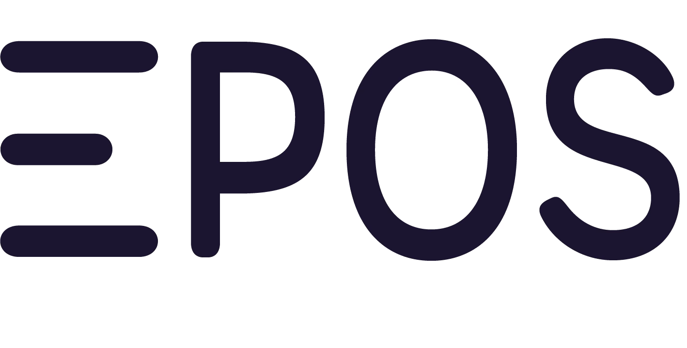 Logotyp med texten EPOS i stor, tjock stil med tre horisontella streck till vänster som en design.