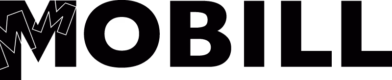 Logotyp med texten MOBILL där bokstaven M innehåller två vita zigzagglinjer som en designdetalj.
