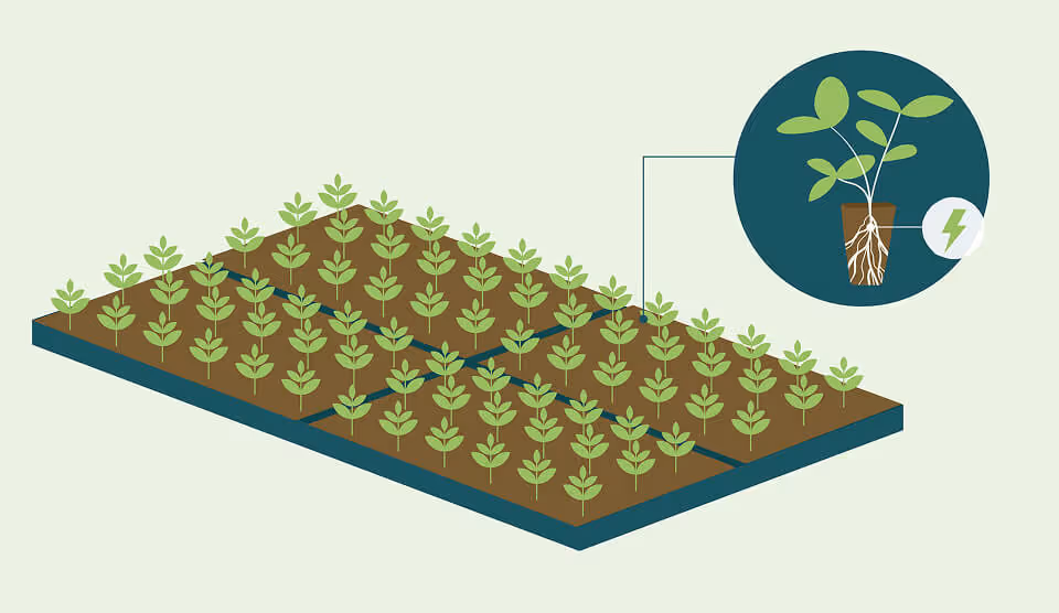 Illustration of a green field with rows of young plants.