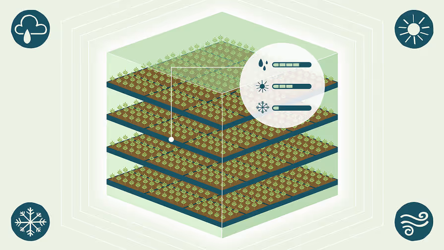 Illustration of vertical farming with four layered plots of crops.