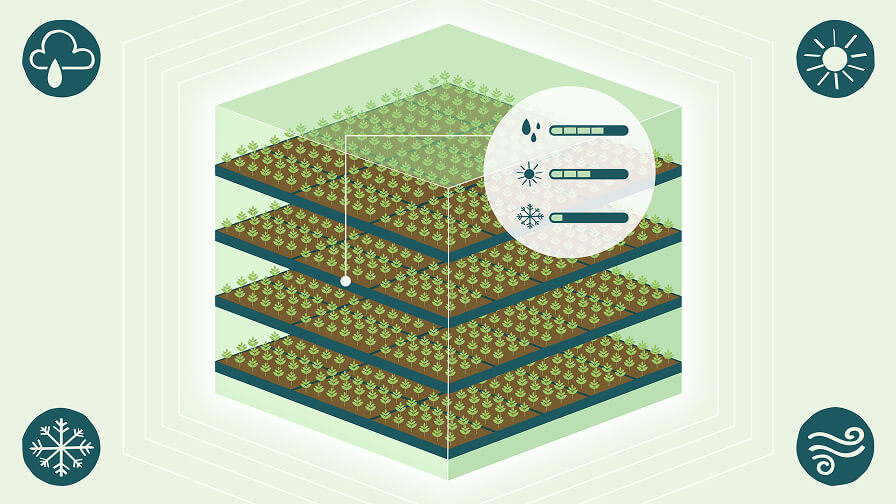 Illustration of vertical farming with four layered plots of crops.