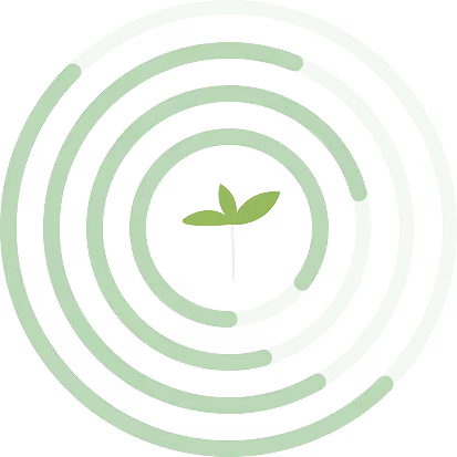 A small green sprout is centered in expanding concentric circles on a black background, symbolizing growth and renewal.