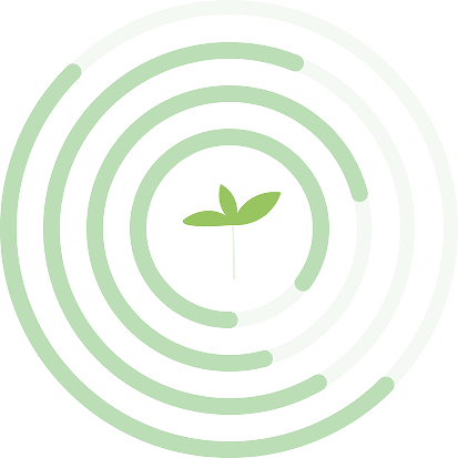 A small green sprout is centered in expanding concentric circles on a black background, symbolizing growth and renewal.