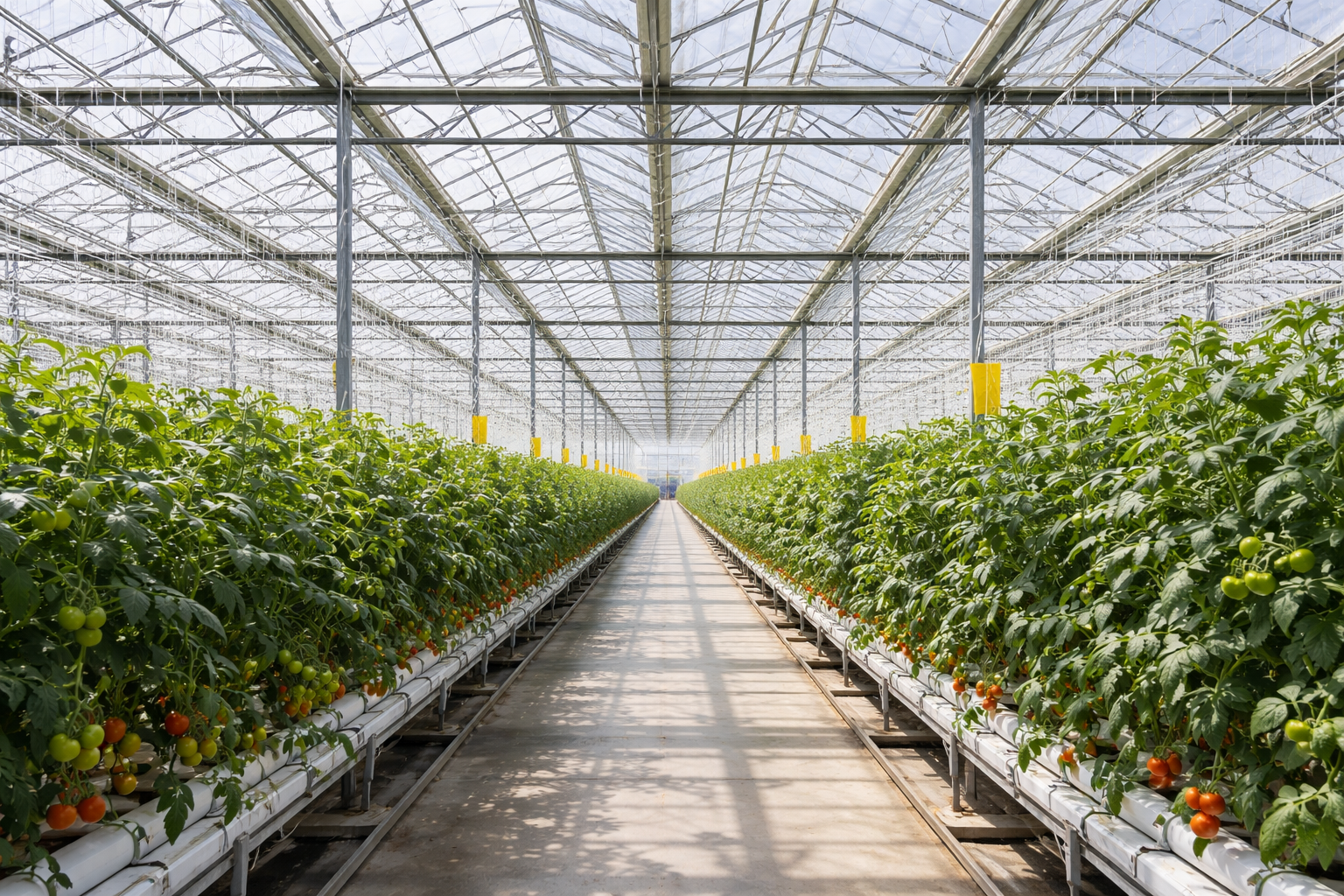 Rows of crops inside a commercial greenhouse.