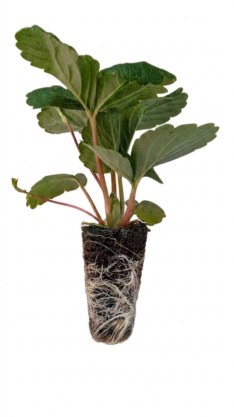 A strawberry seedling with an established root plug.