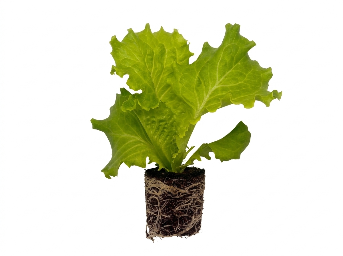 A lettuce seedling with an established root plug.