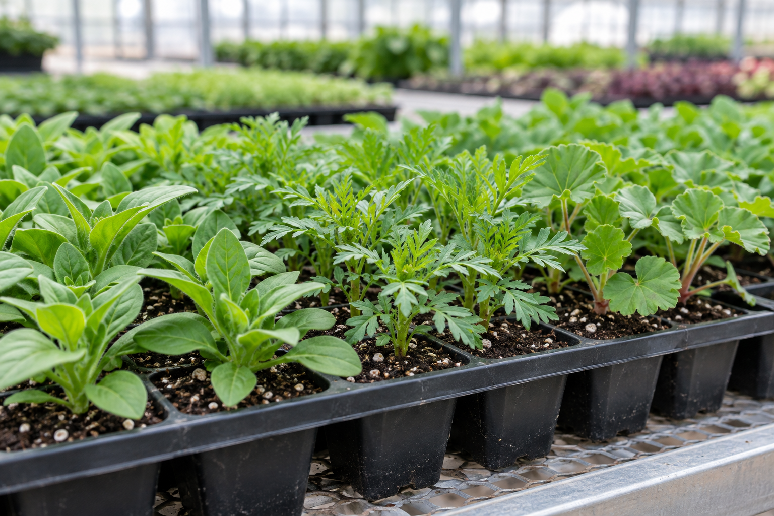 Illustrative young ornamental plants in a propagation tray