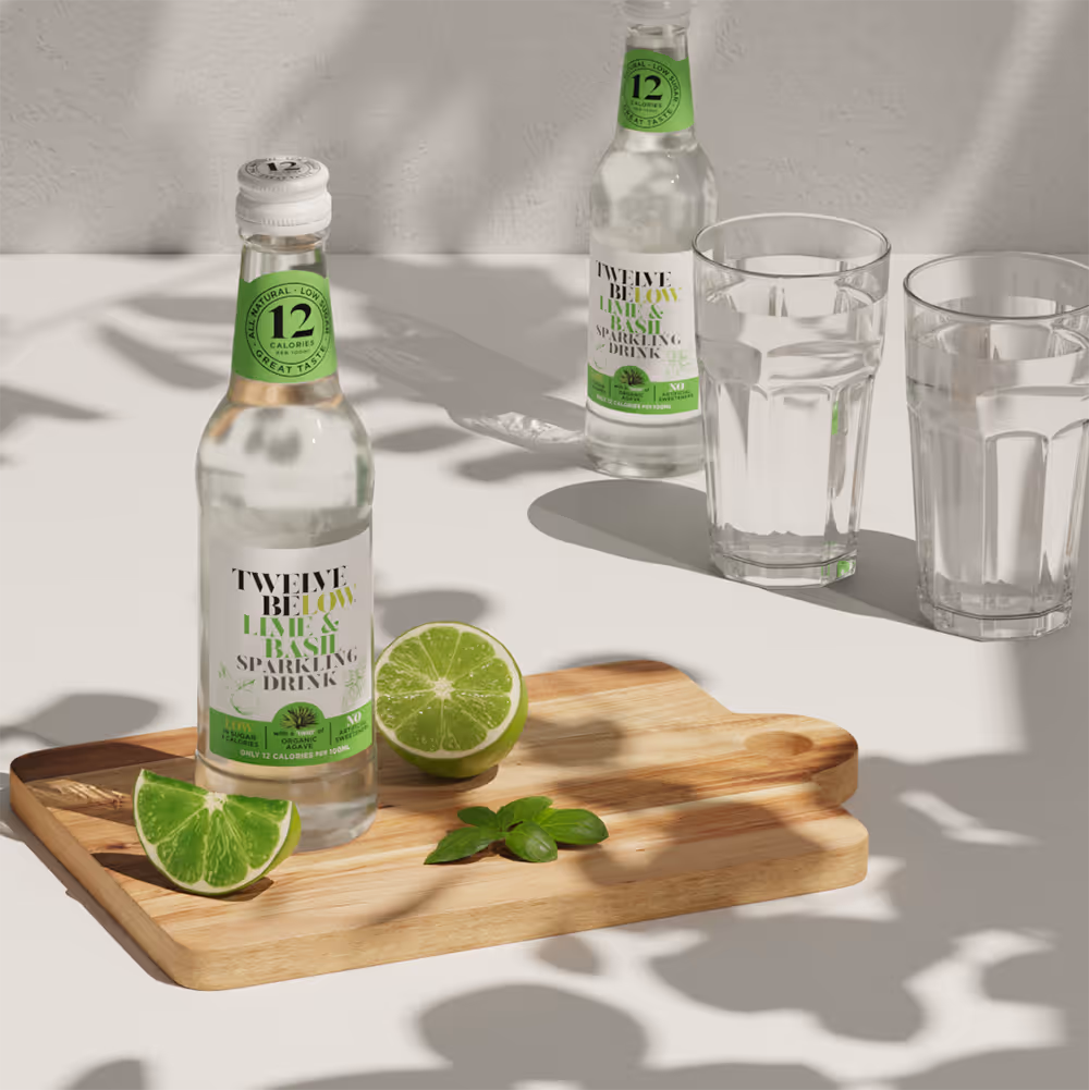 Twelve Below sparkling drinks product photography with lime and glassware