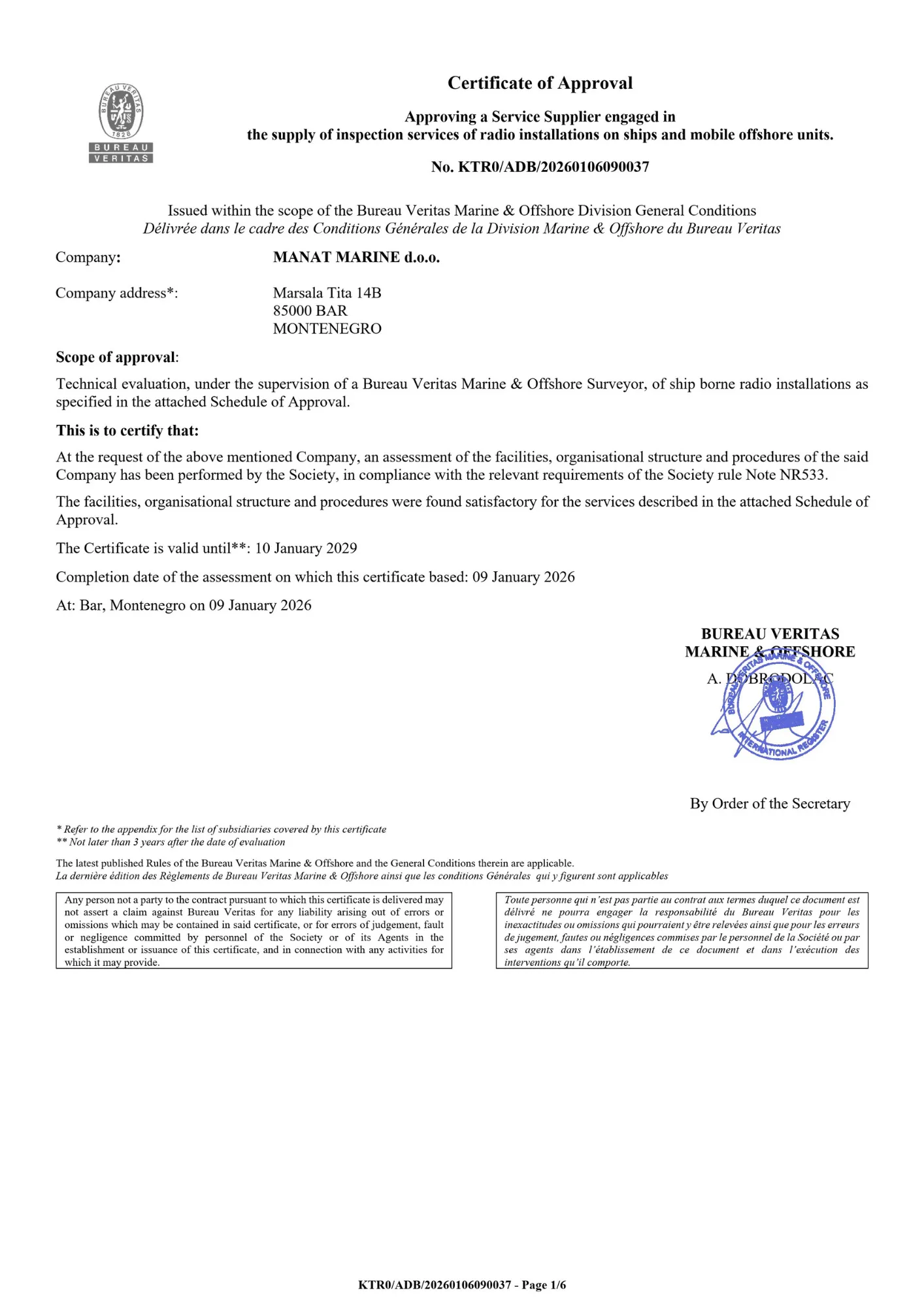 Certificate of Approval from Bureau Veritas Marine & Offshore for MANAT MARINE d.o.o. in Bar, Montenegro, valid until January 10, 2029.