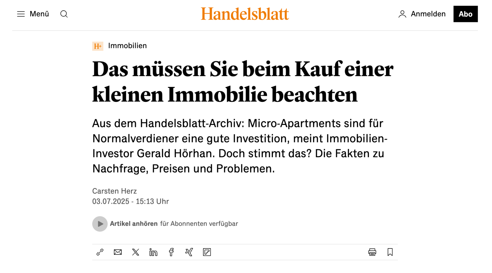 Vorschaubild Artikel „Das müssen Sie beim Kauf einer kleinen Immobilie beachten" im Handelsblatt
