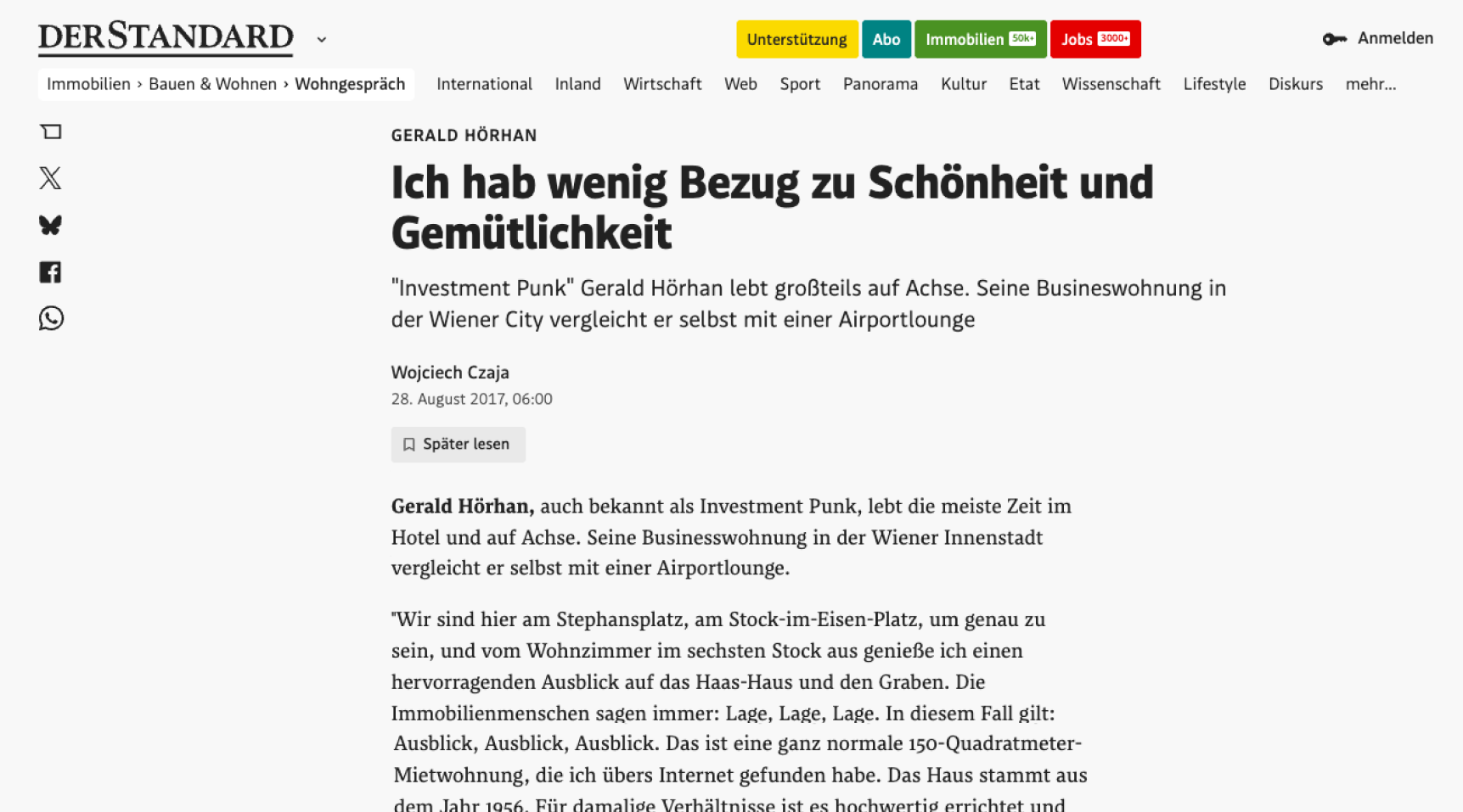 Vorschaubild Artikel „Ich hab wenig Bezug zu Schönheit und Gemütlichkeit" im Standard