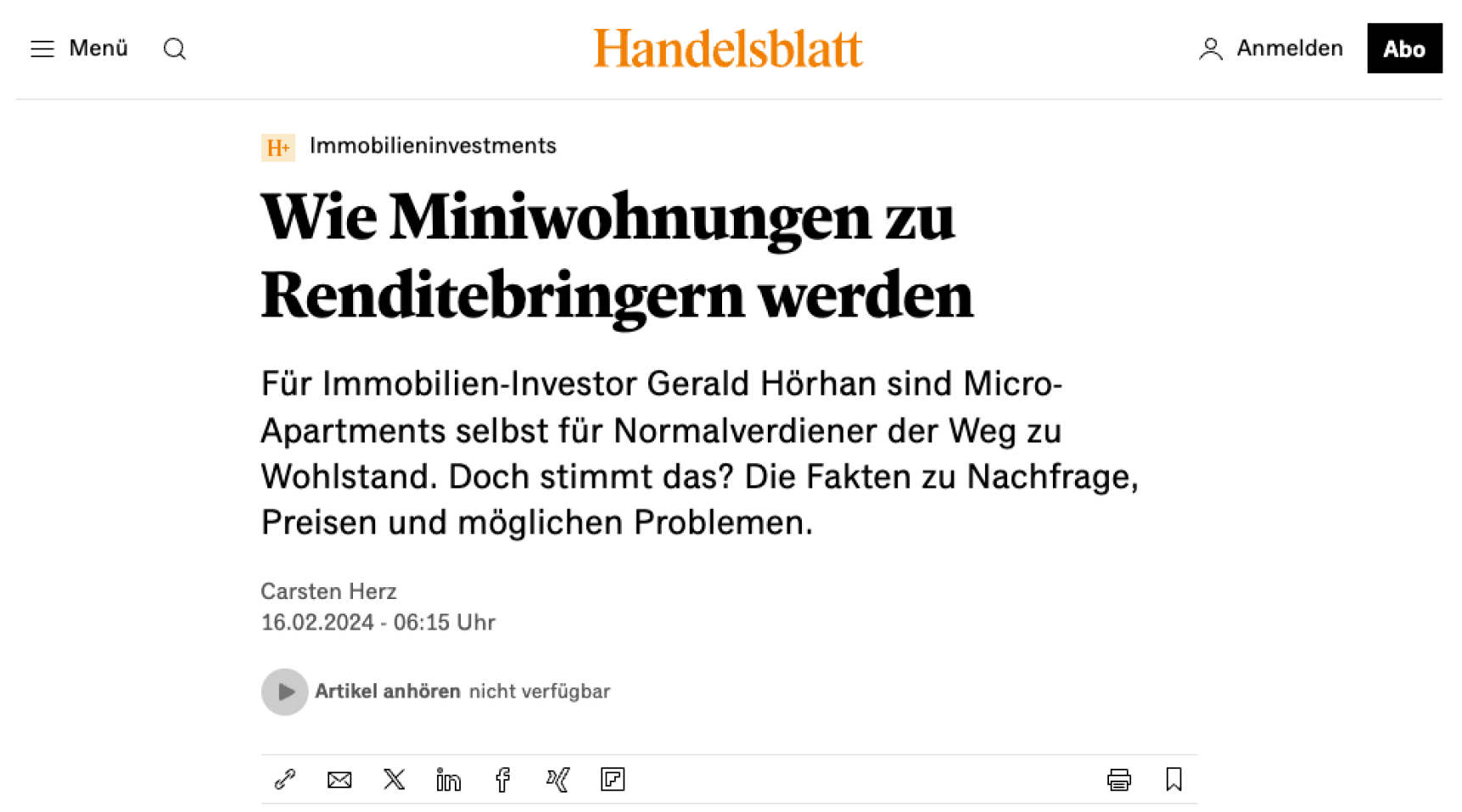 Vorschaubild Artikel „Wie Miniwohnungen zu Renditebringern werden" im Handelsblatt