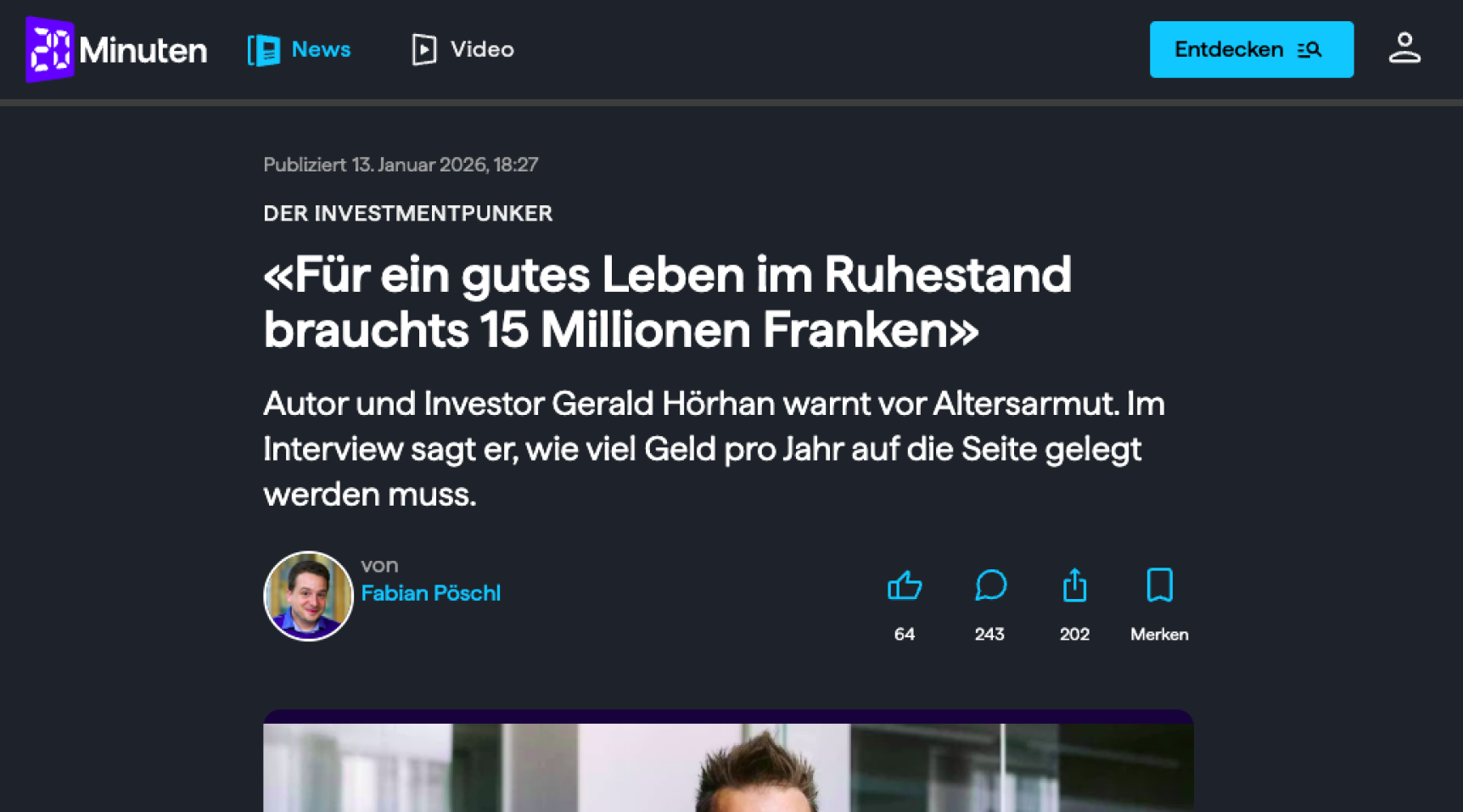 Vorschaubild Artikel „Schutz vor Altersarmut: Gerald Hörhan empfiehlt 15 Millionen für den Ruhestand" bei 20 Minuten