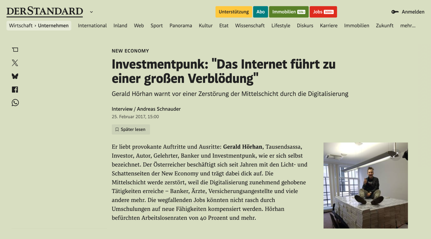 Vorschaubild Artikel „Investmentpunk: Das Internet führt zu einer großen Verblödung" im Standard