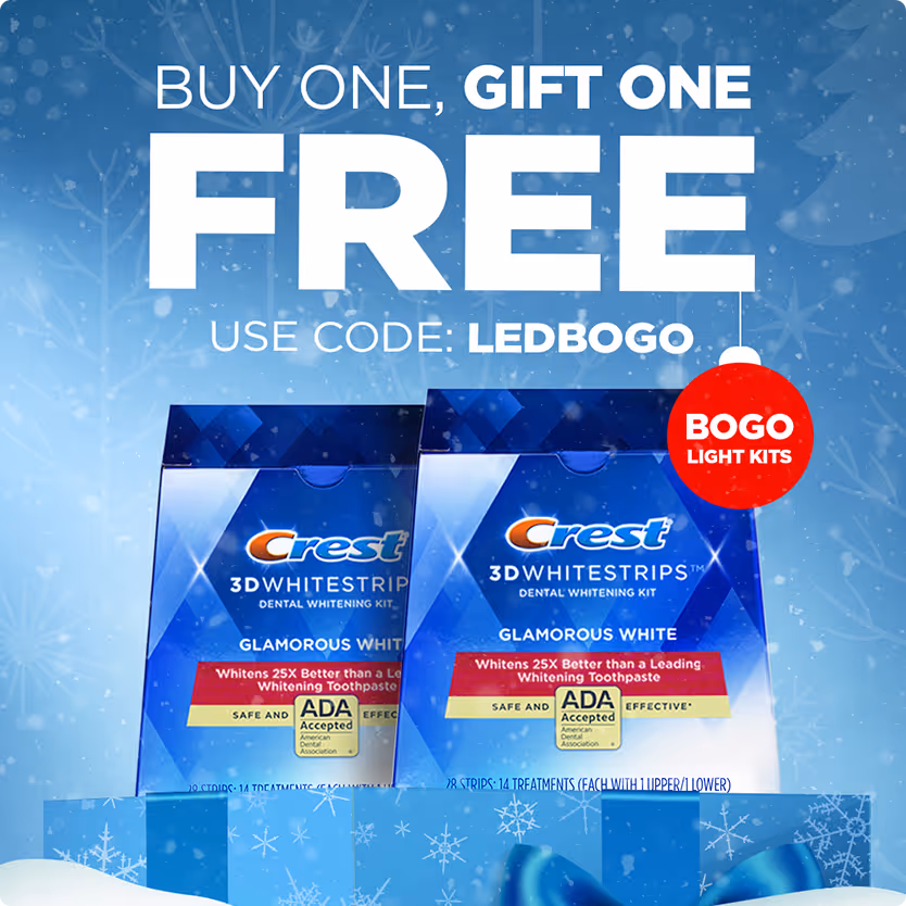 Promotional image for Crest 3D Whitestrips with a winter theme, offering a buy one, gift one free deal using code LEDBOGO.