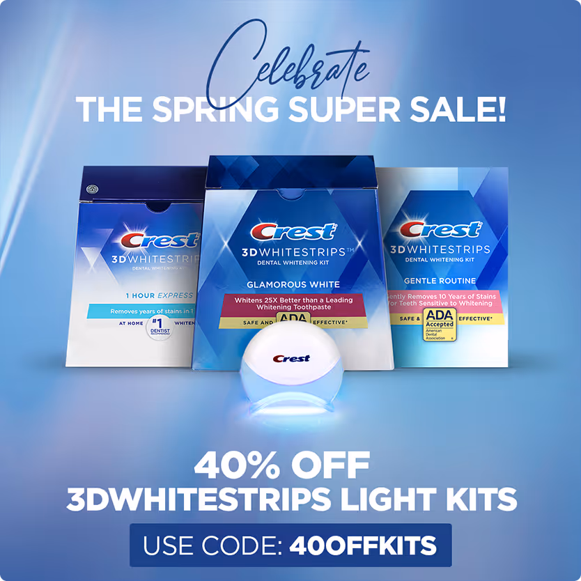 Crest 3D Whitestrips dental whitening kits with promotion text offering 40% off with code 40OFFKITS on a blue background.