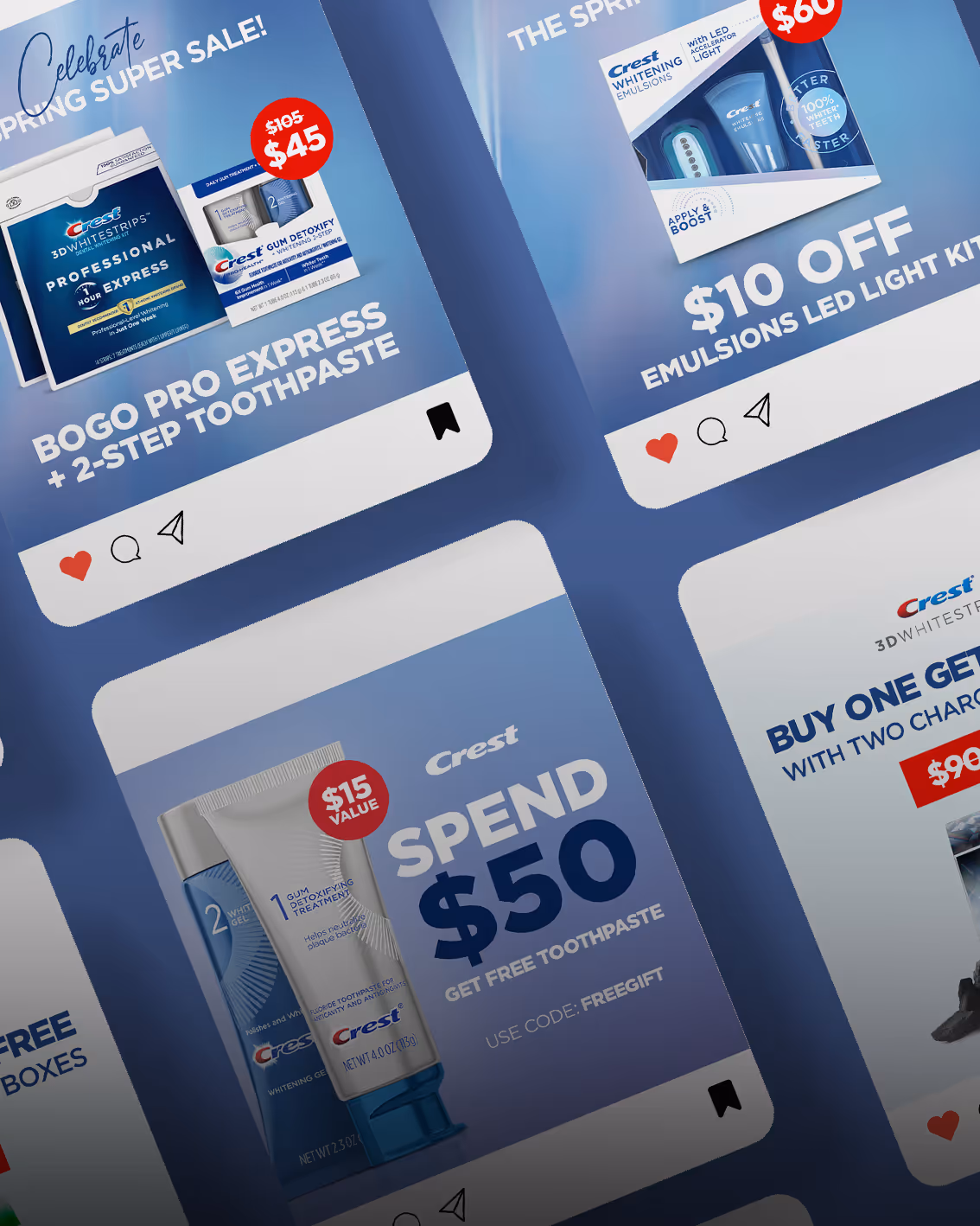 Promotional posts for Crest dental care products featuring discounts like BOGO Pro Express, $10 off LED Light Kit, and free toothpaste with $50 spend.