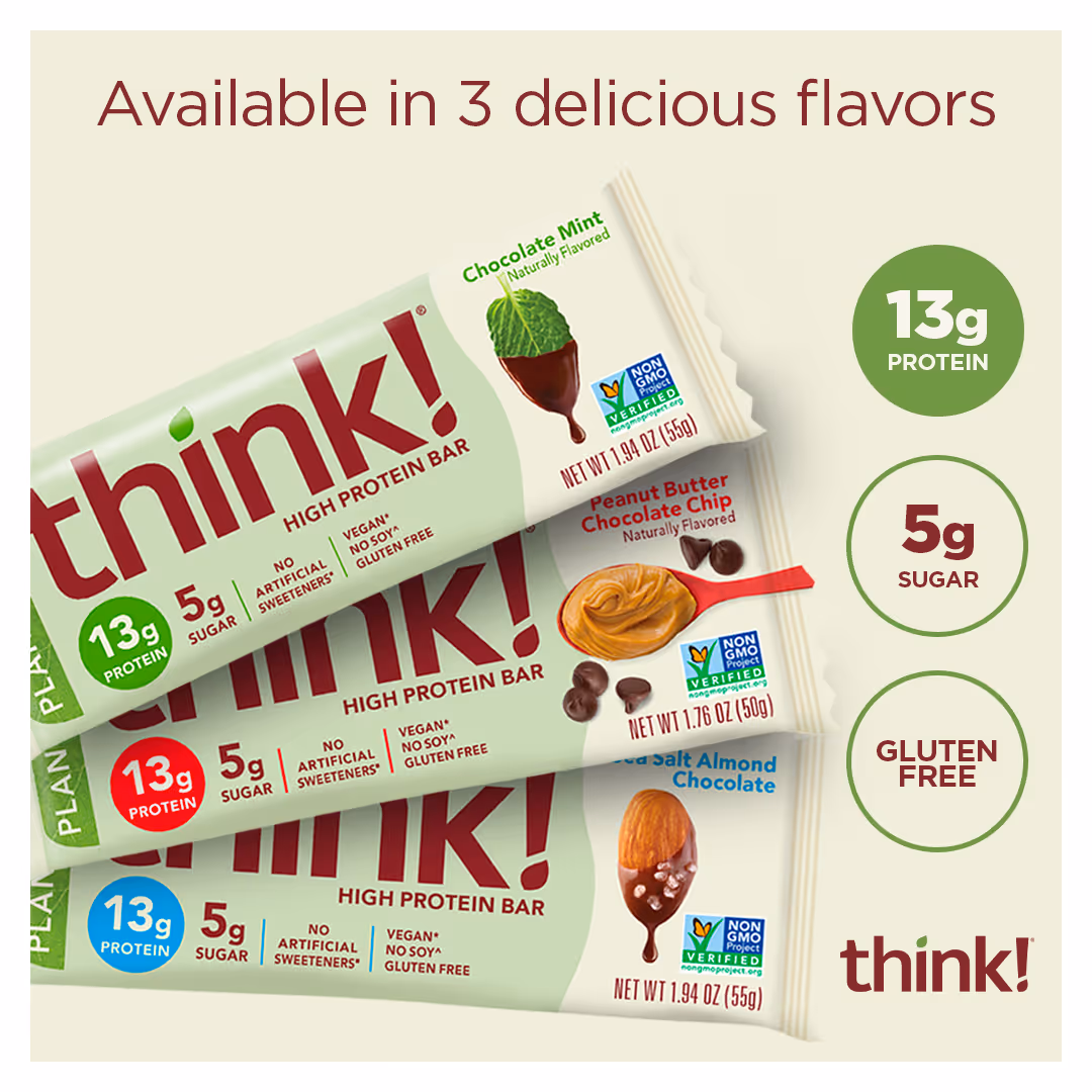 Three think! high protein bars in flavors Chocolate Mint, Peanut Butter Chocolate Chip, and Sea Salt Almond Chocolate, highlighting 13g protein, 5g sugar, and gluten-free.