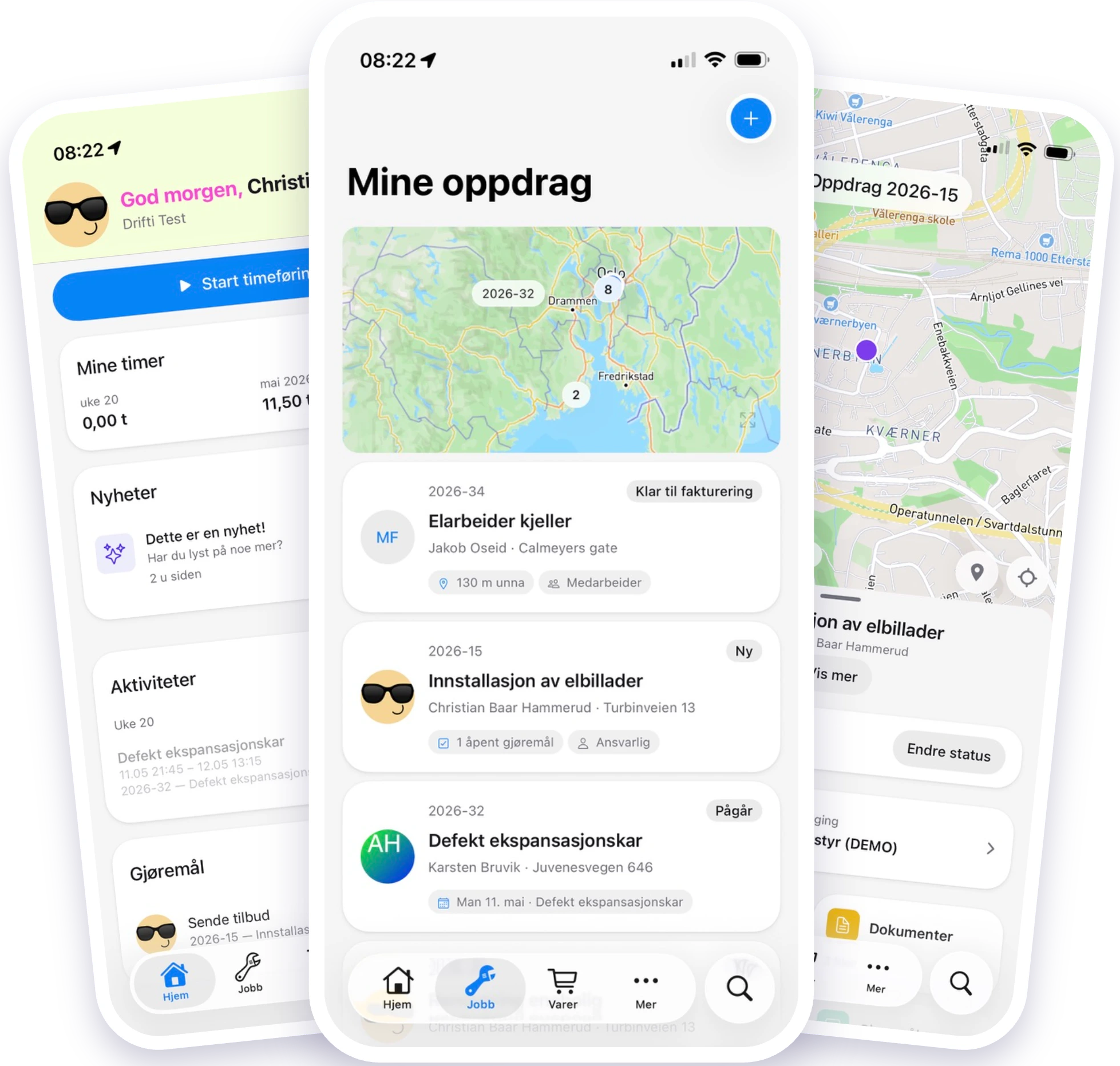 Drifti-appen på tre mobilskjermer: oppdragsliste med kart, timeføring og oppdragsdetaljer