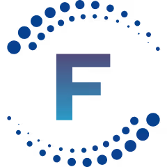 Findus Logo, blaues F im Punktkreis als Branding für KI-Plattform