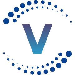 Veritas One Logo als App-Icon, blaues V mit Punktkreis