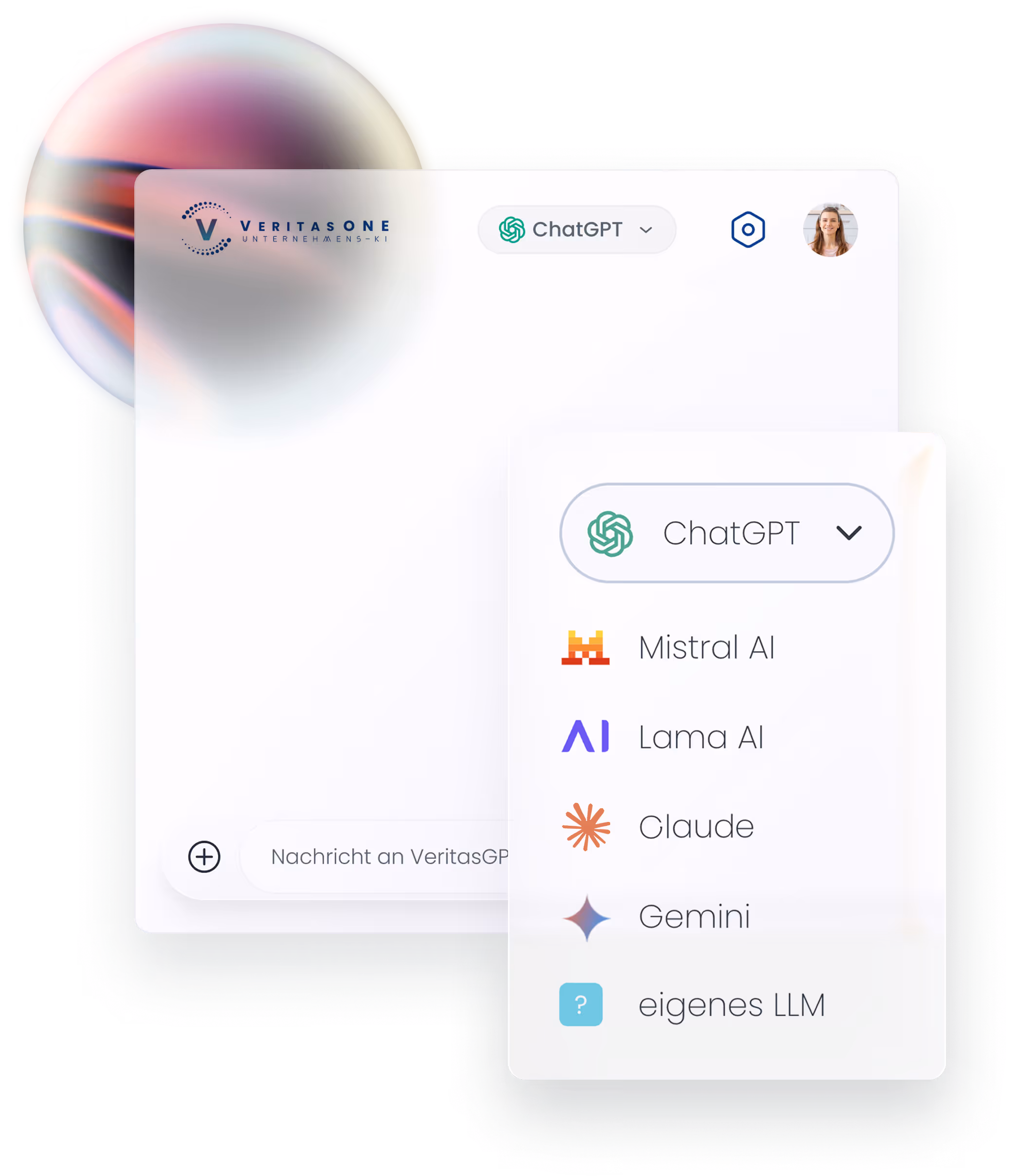 KI-Chat Screenshot mit Modellauswahl Dropdown, Veritas One Oberfläche zur Modellwahl