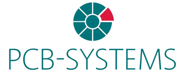 Logo von PCB-SYSTEMS mit einem grünen und roten Kreisdiagramm oben.