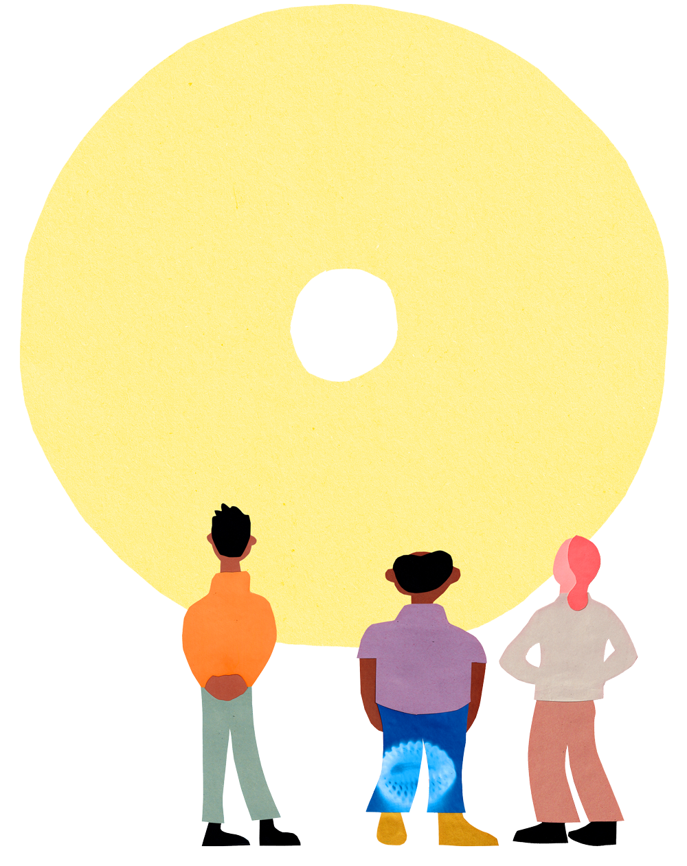 A giant yellow doughnut hangs in the sky, looked at by three figures standing with their backs to us.