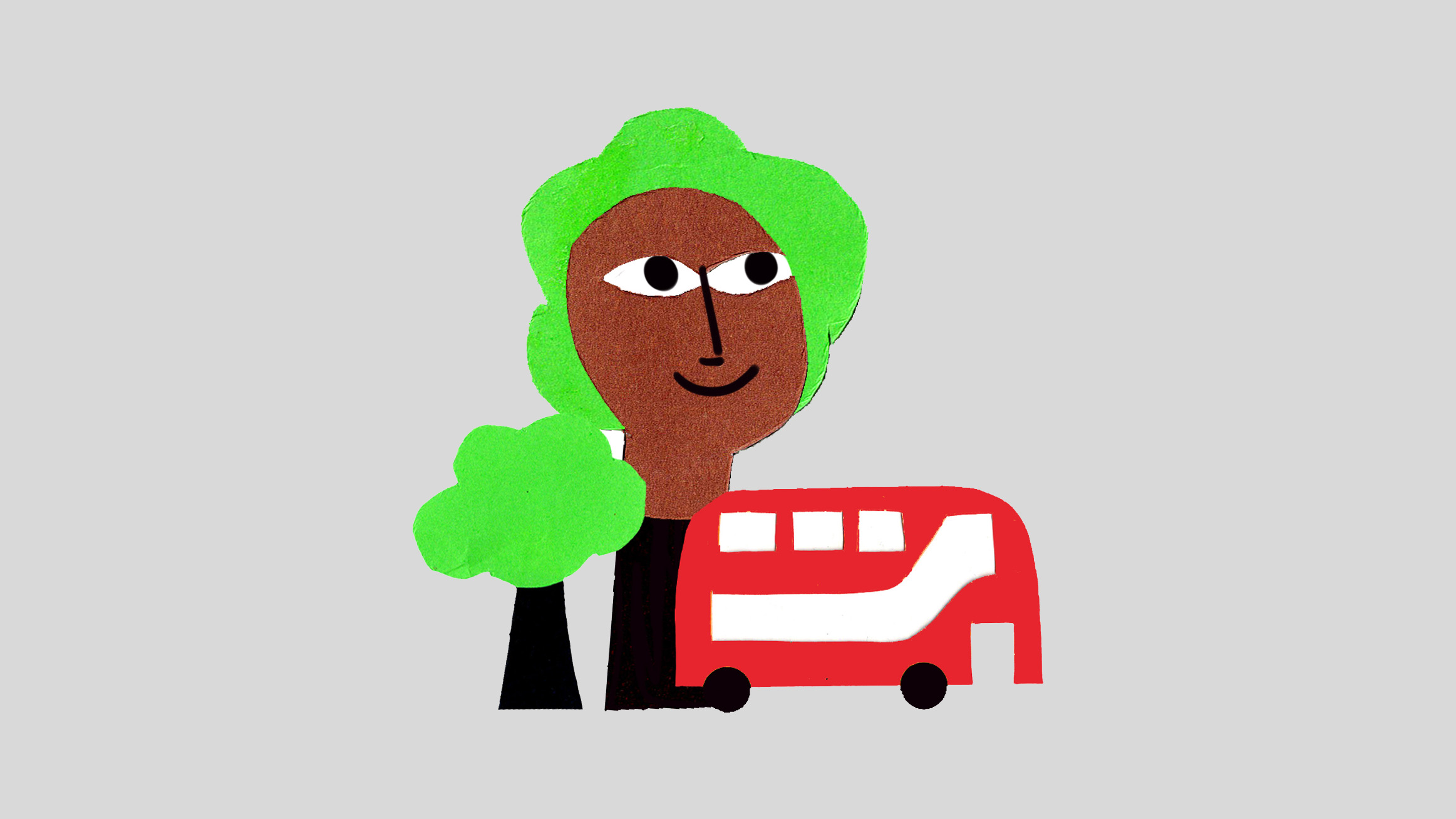 A pair of trees, one with a face. A London bus passing