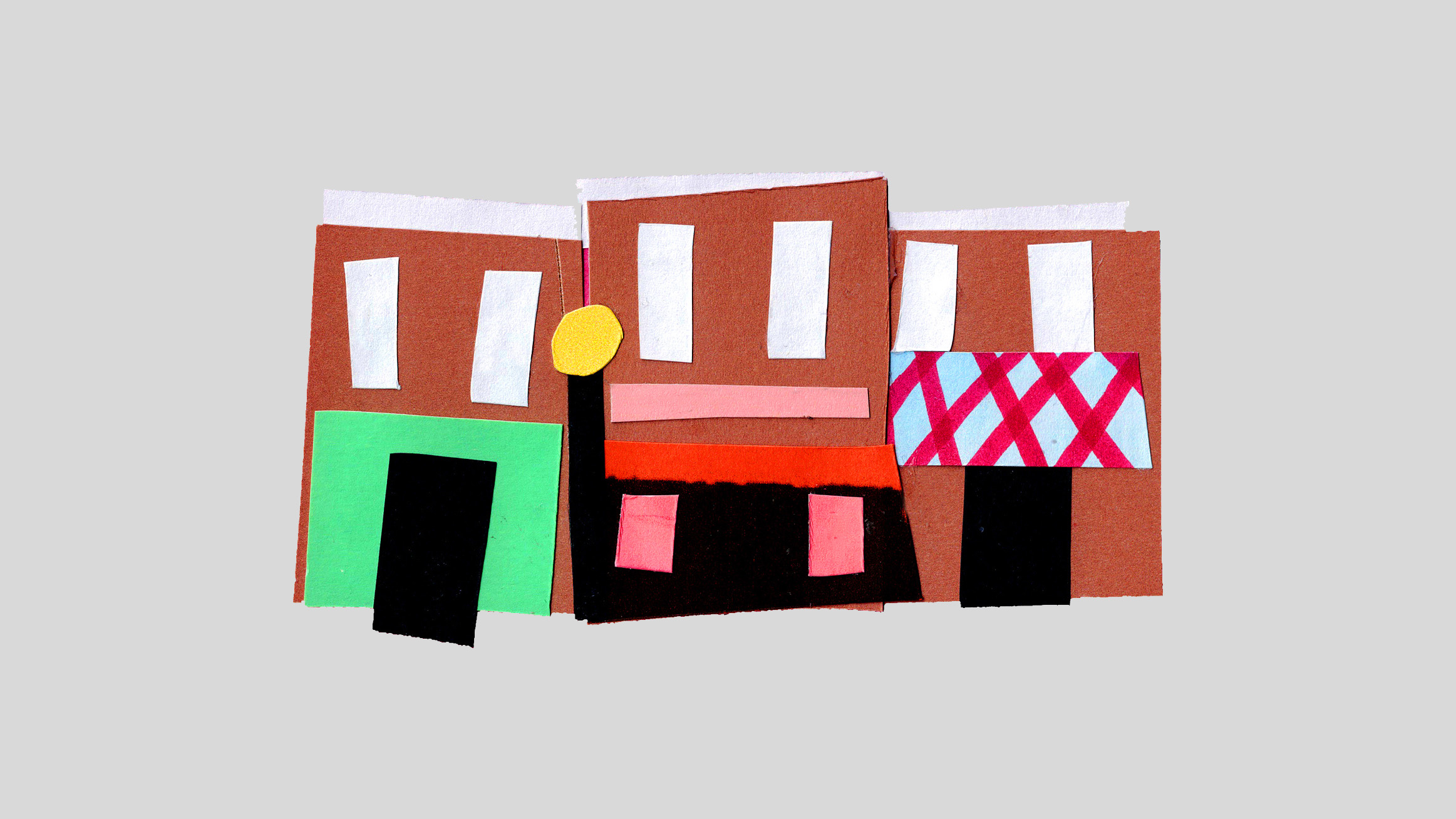 A collage of buildings, white for windows, red, green and blue shapes for doors and walls