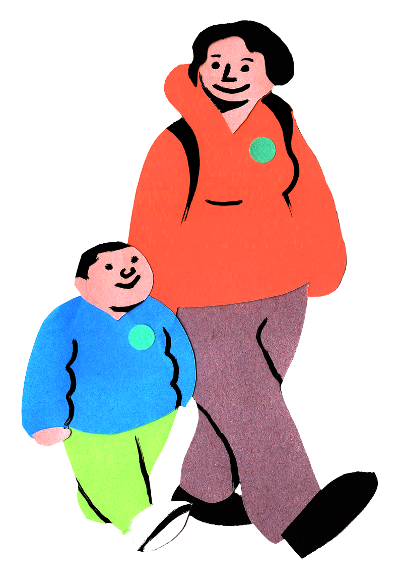 Mother in a red hoody and purple trousers smiles at her son as they walk towards us. He is wearing a blue jumper and green trousers. They both have black hair