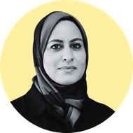 A yellow circle with a black and white photo portrait over the top
