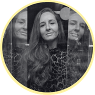 A yellow circle with a black and white photo portrait over the top
