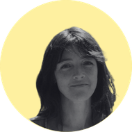 A yellow circle with a black and white photo portrait over the top