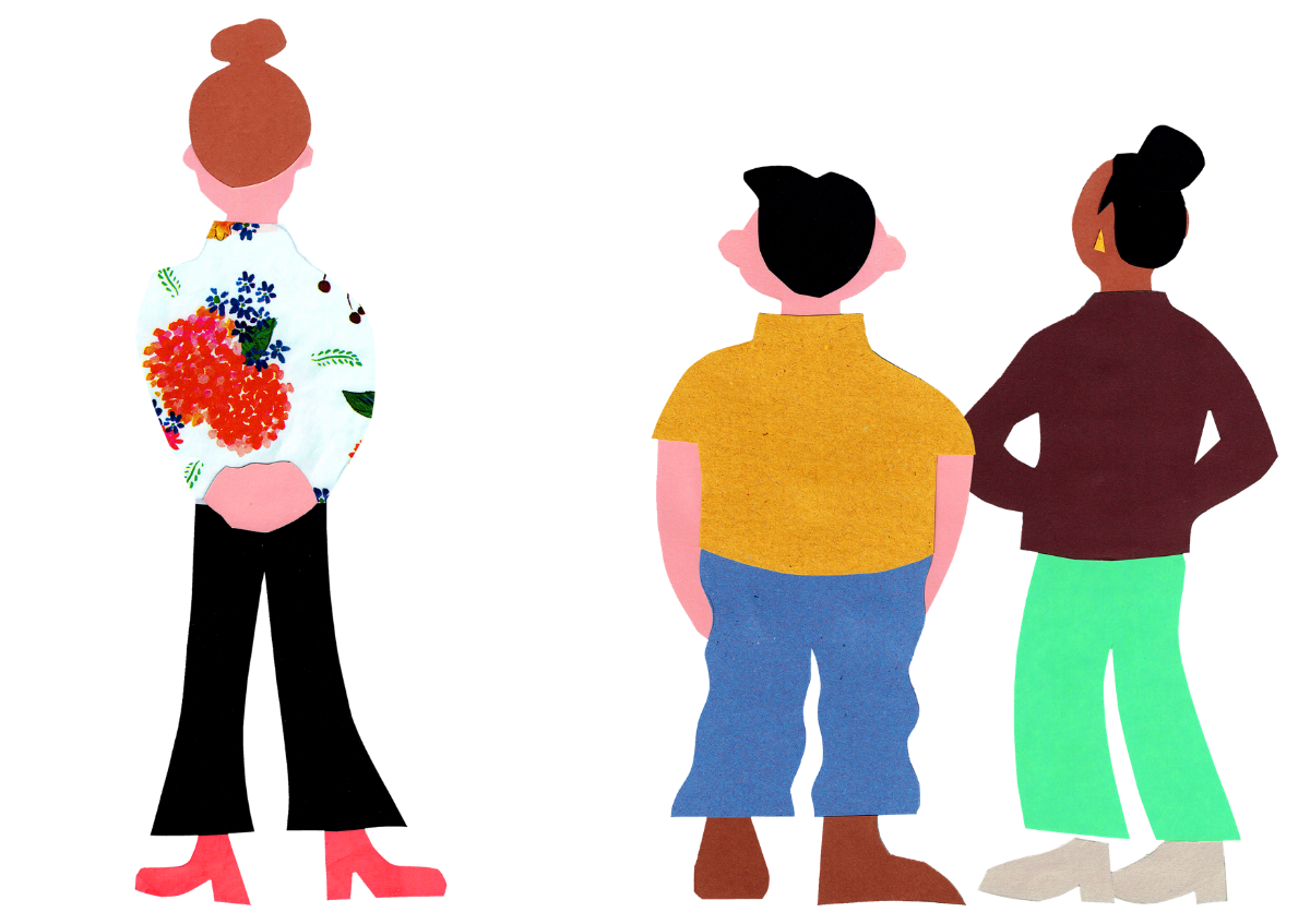 Three figures stand looking at the text with their backs to us. One has a flowery top, black trousers, red high heel boots and a ginger bun. They are next to a figure with a black quiff, mustard coloured top, blue trousers and brown boots. The final figure has a black bun, maroon jumper and green trousers with grey shoes