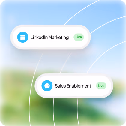 Two rounded buttons showing 'LinkedIn Marketing' and 'Sales Enablement' with blue icons and green 'Live' status on a blurred background.