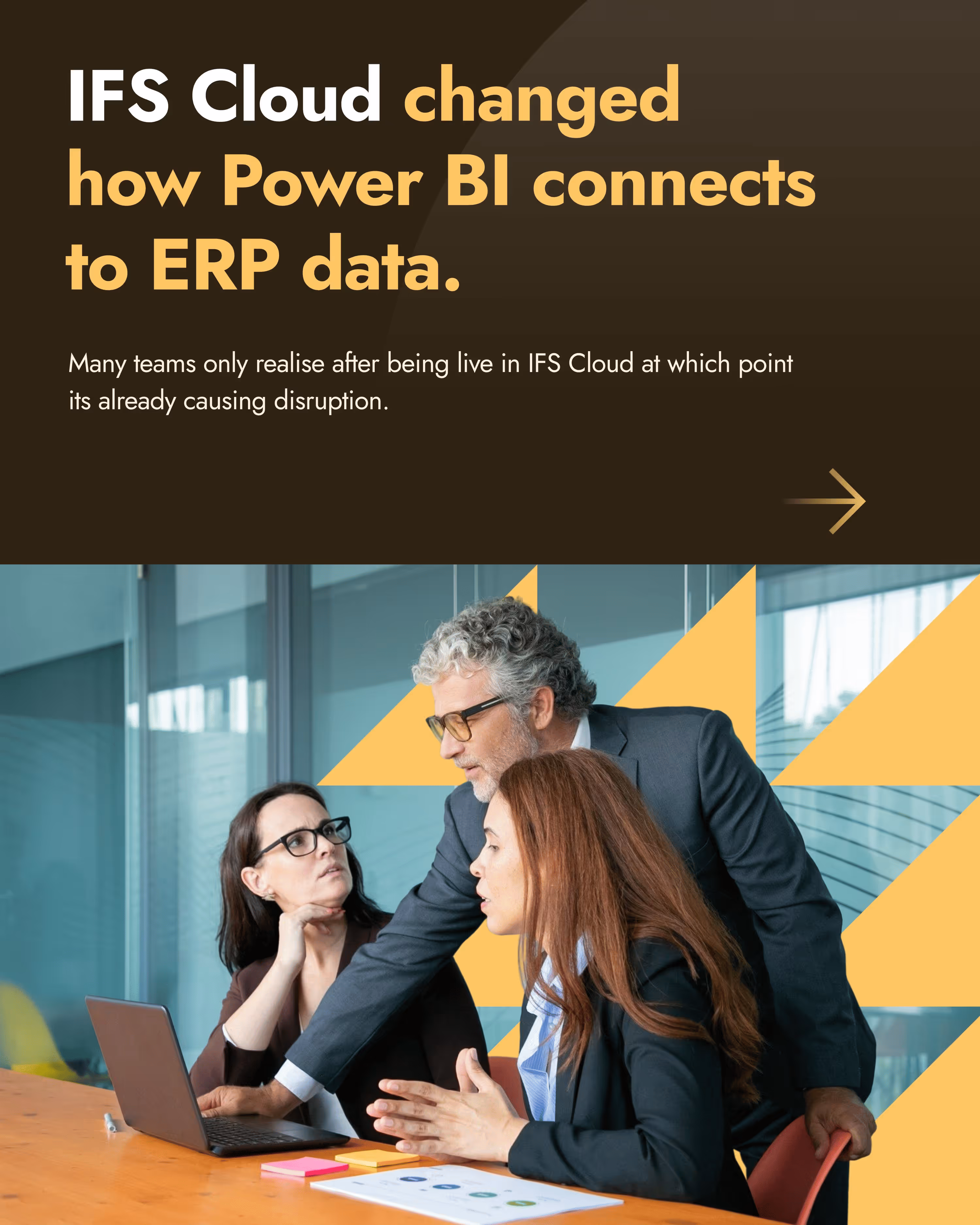 Three business professionals collaborating around a laptop at a conference table, discussing data charts.