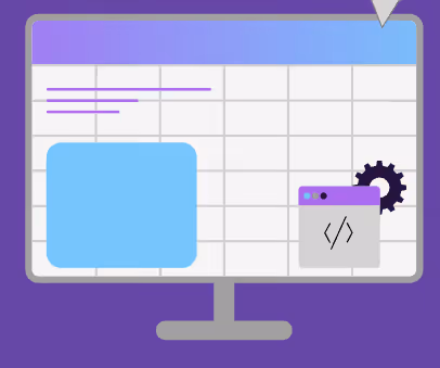 Illustration of a computer monitor displaying a grid with a blue square, purple lines, and a small code window icon with a gear symbol.