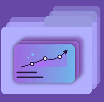 Stack of translucent cards with a line graph showing upward trend and data points on the front card.