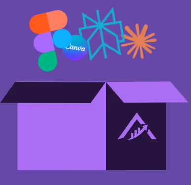 Purple box with a logo on the side, with various colorful design and logo icons floating above it on a purple background.