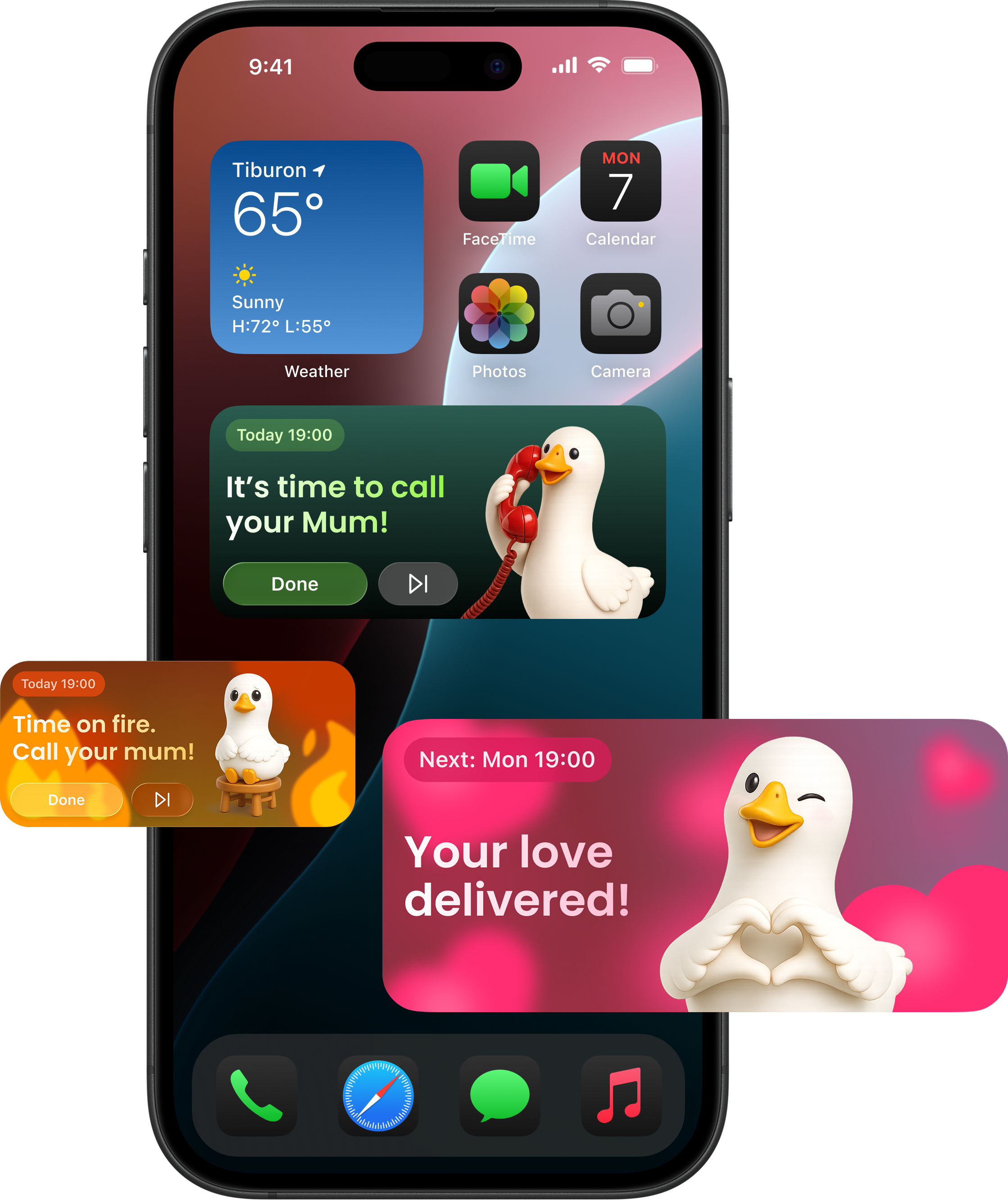 Smartphone screen with weather, FaceTime, calendar apps and reminders featuring a duck character.