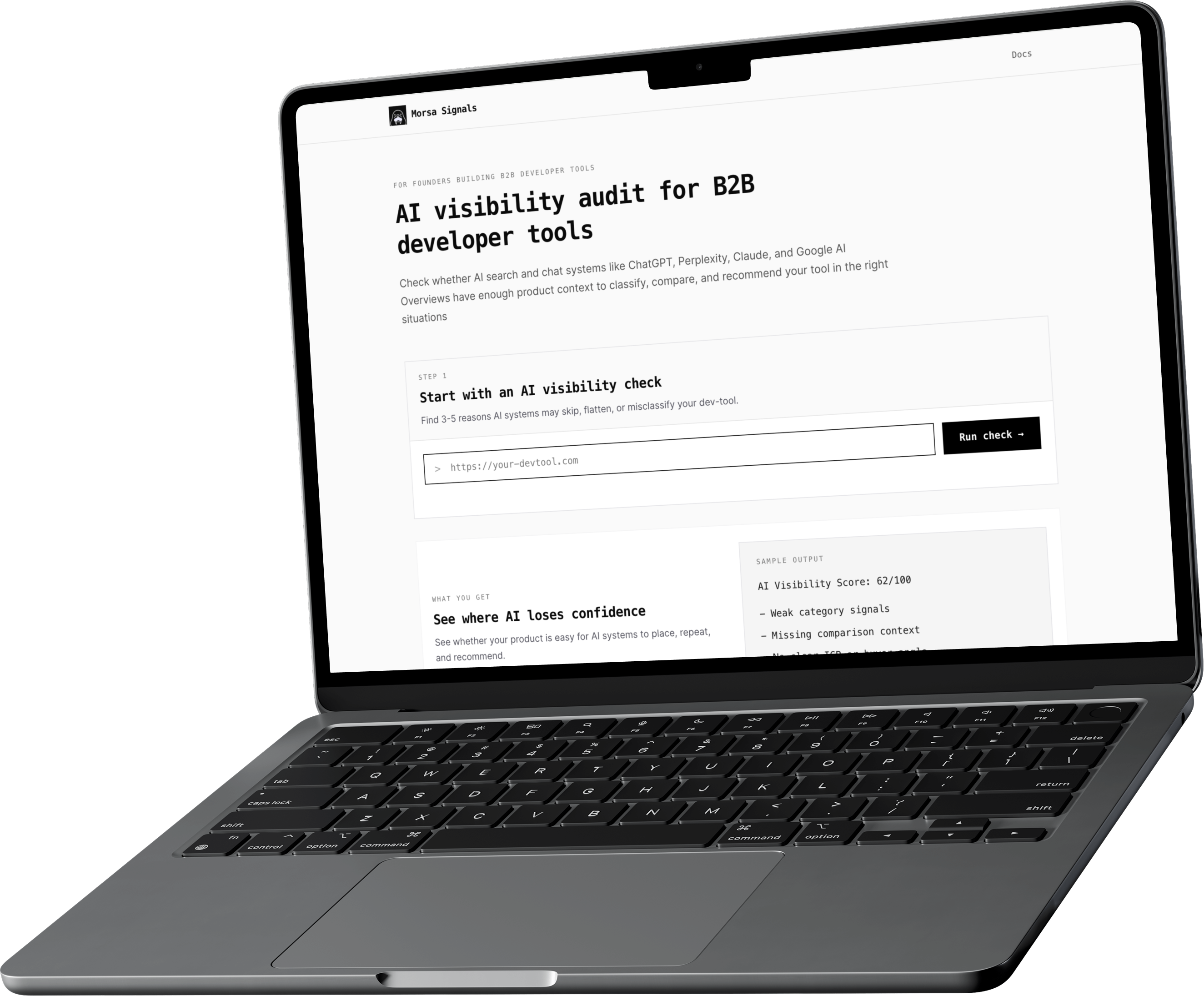 Laptop screen displaying AI visibility audit tool for B2B developer tools with input box and sample output.