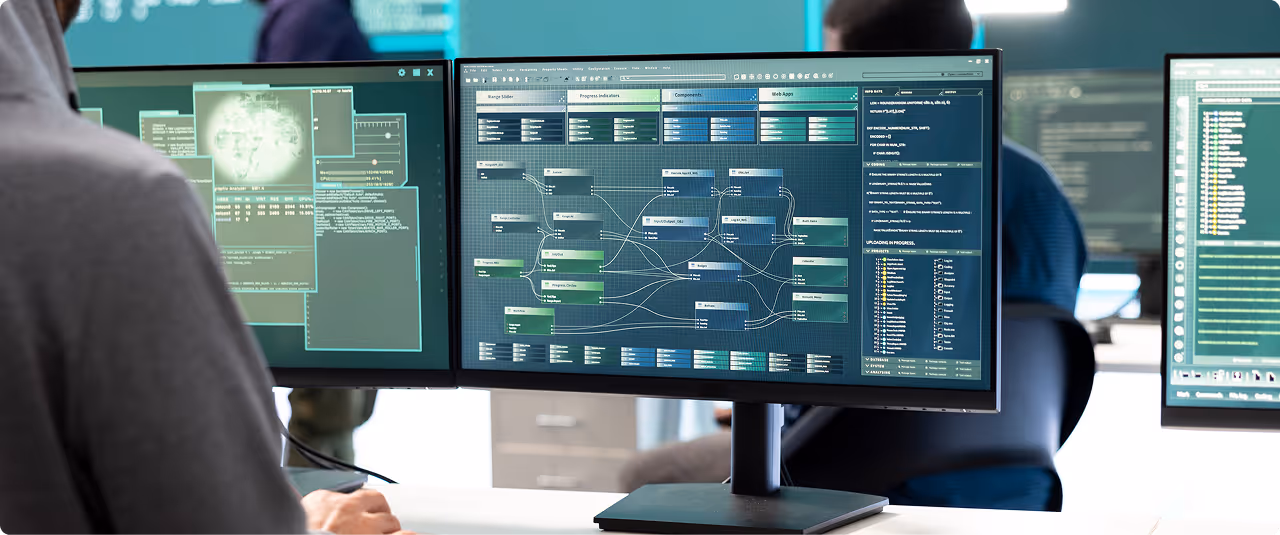 Arbeitsplatz mit Monitoren zur Überwachung von OT- und IT-Systemen