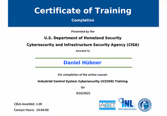 CISA Certificate of Training für Daniel Hübner