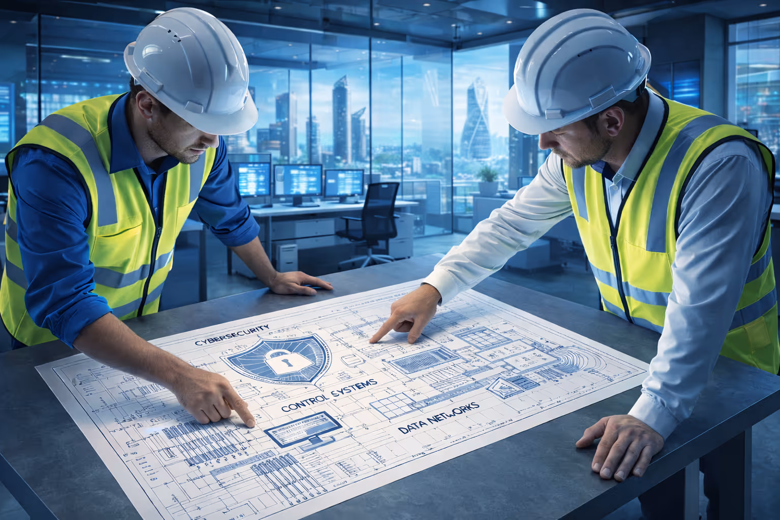 Zwei Fachkräfte prüfen Baupläne für technische Infrastruktur und Gebäudeautomation
