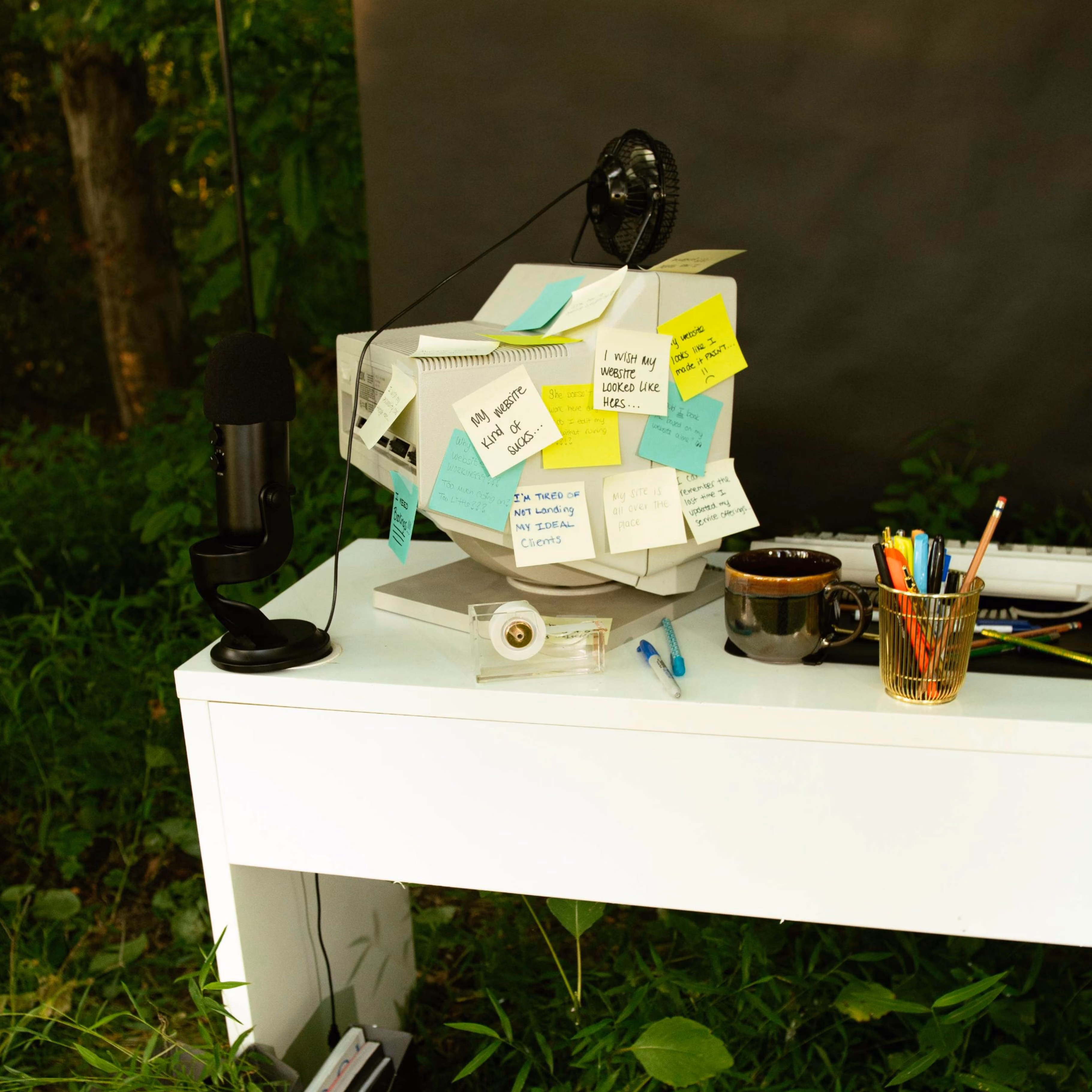 Vintage computer monitor covered in sticky notes on a white desk with a desk lamp and pencil cup