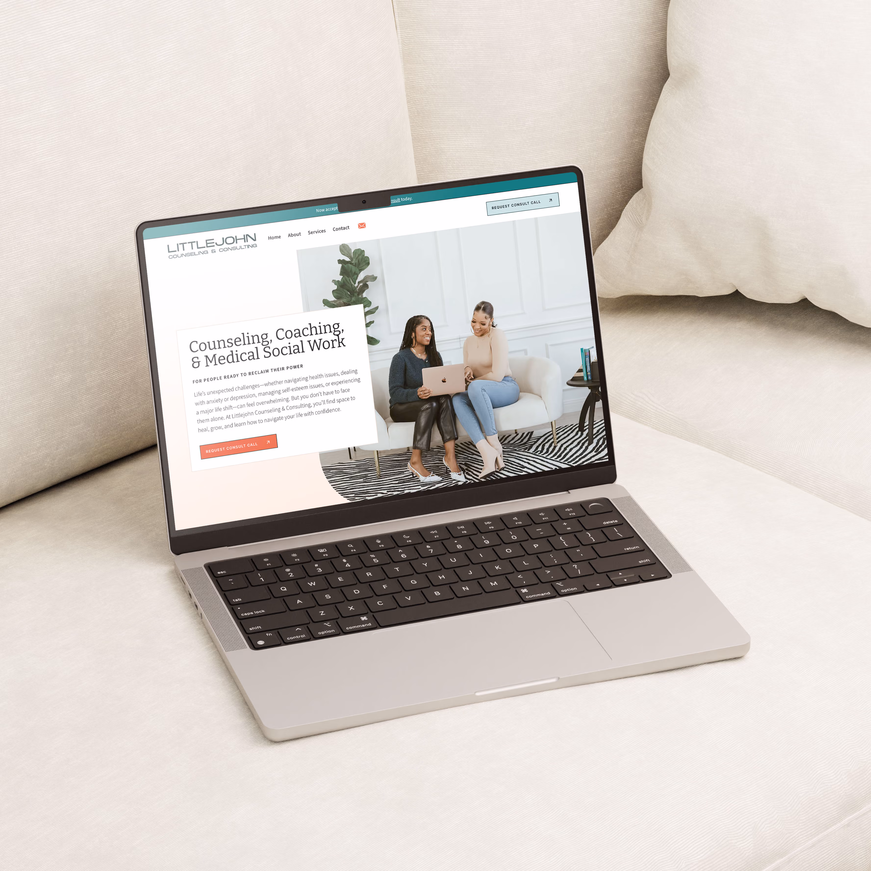 EMDR therapist website designed by The Rebrand Lab, shown on a laptop sitting on a white couch