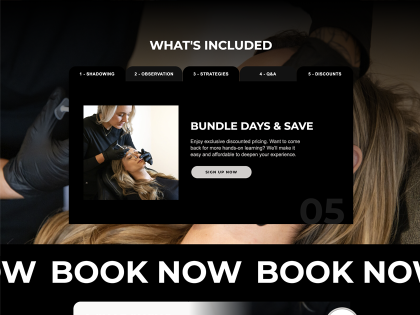 Aesthetic Pro Academy website design with a "What's Included" tabbed section showing a student performing a brow treatment, above a scrolling "Book Now" banner