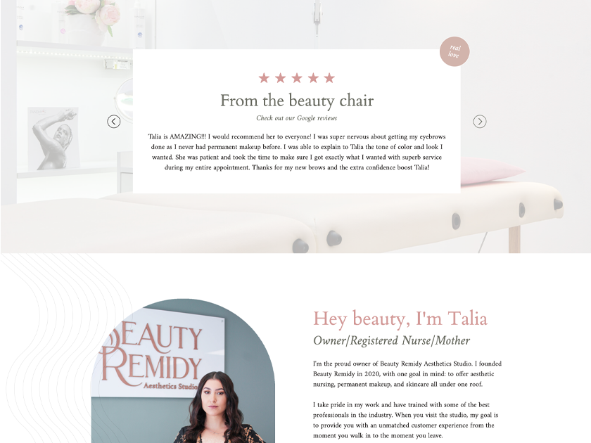 Beauty Remidy Aesthetics Studio website design with a five-star client review section and an owner introduction titled "Hey beauty, I'm Talia"